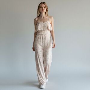 Olivaceous S Peach Pink Floral Jumpsuit Boardwalk Preppy Romantic Artsy Pastel